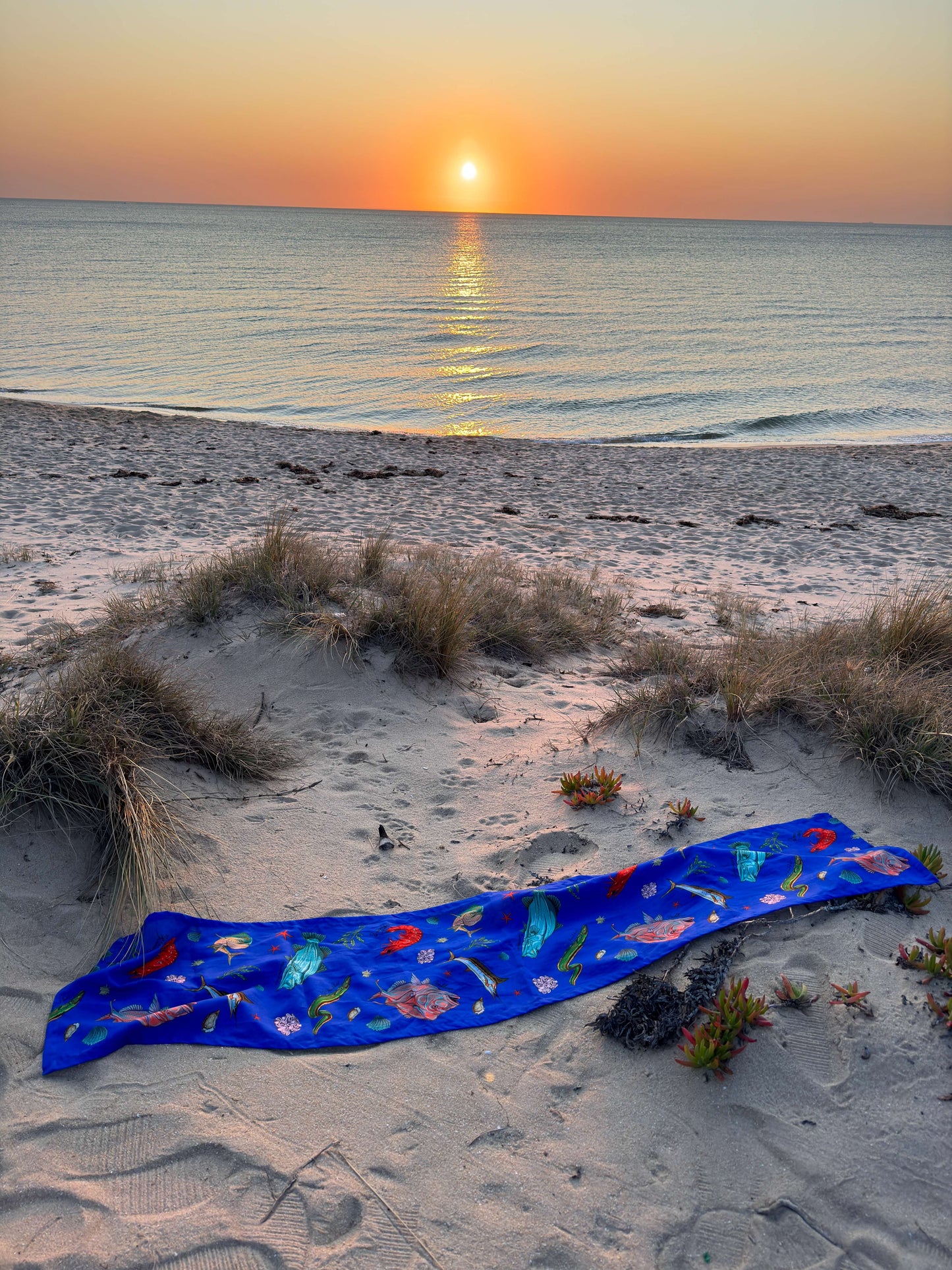 he funky Fishing for Fishes table runner meets the ocean tide, its colorful sea-inspired designs creating a lively contrast against the shimmering water and sandy shore.