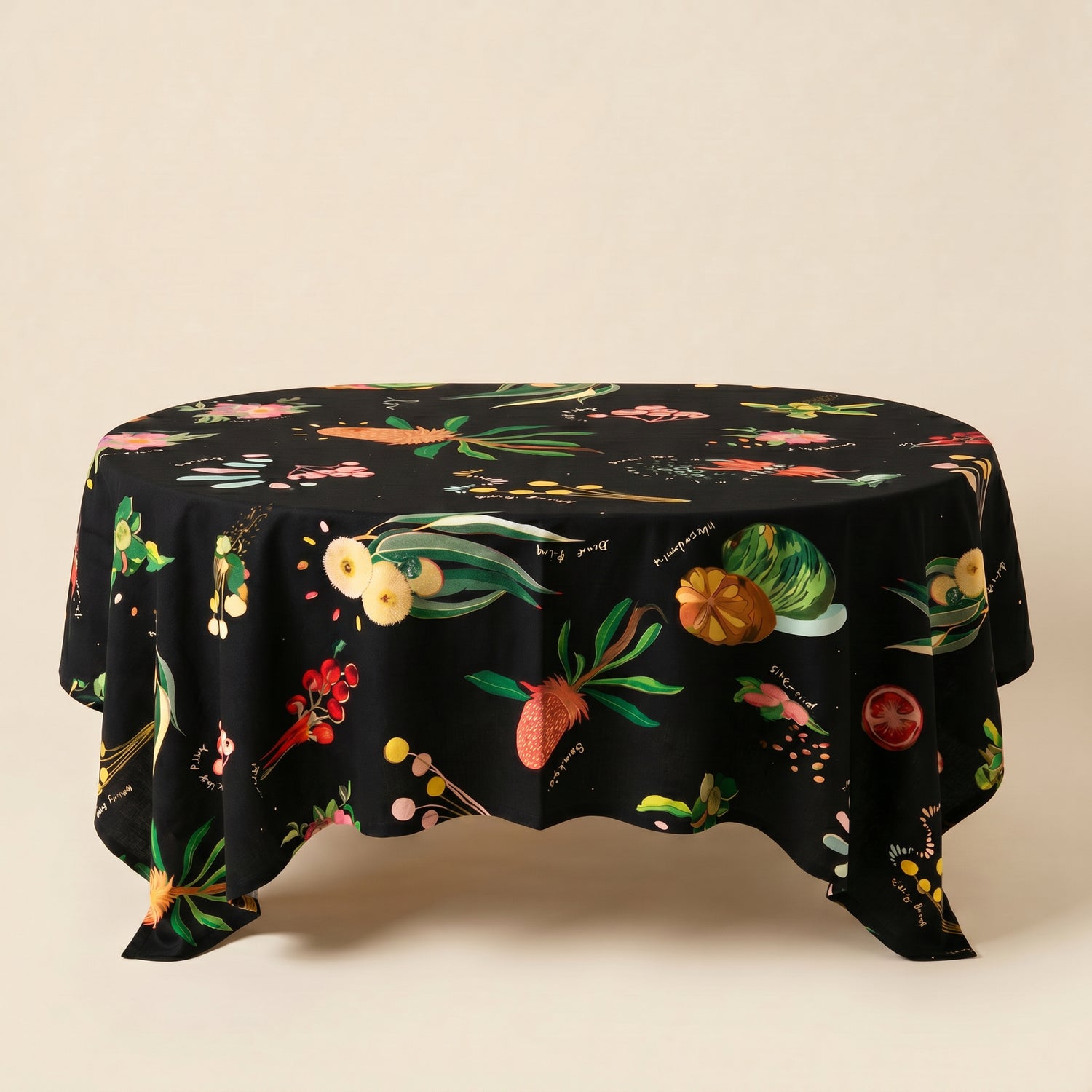Dark Australian flora tablecloth with colorful floral  on a beige backgro