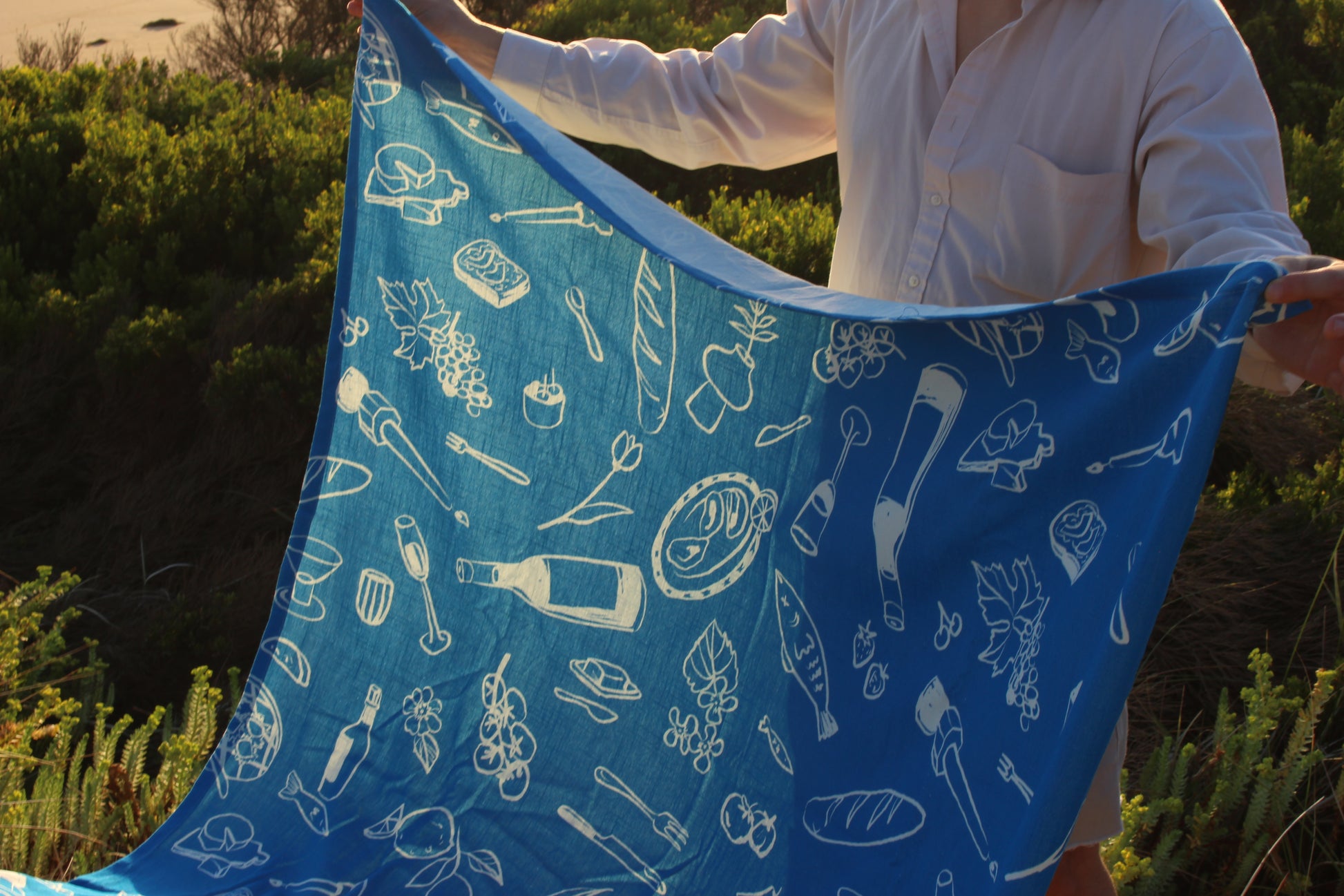 Blue Feast Tablecloth cotton and linen blend  Made from 55% cotton and 45% linen blend, 230gsm thickness. Size: 1.5m x 2.5m