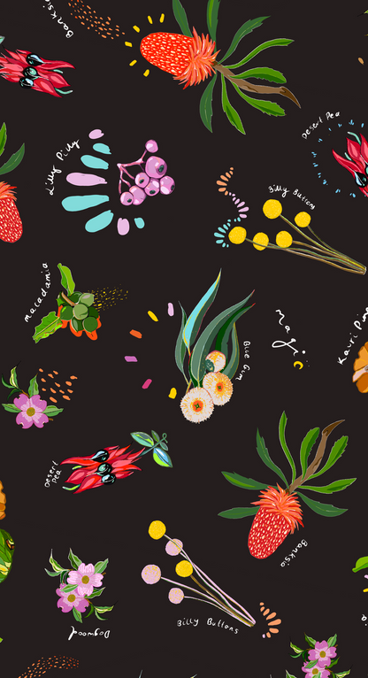Colorful floral and plant pattern on a black background