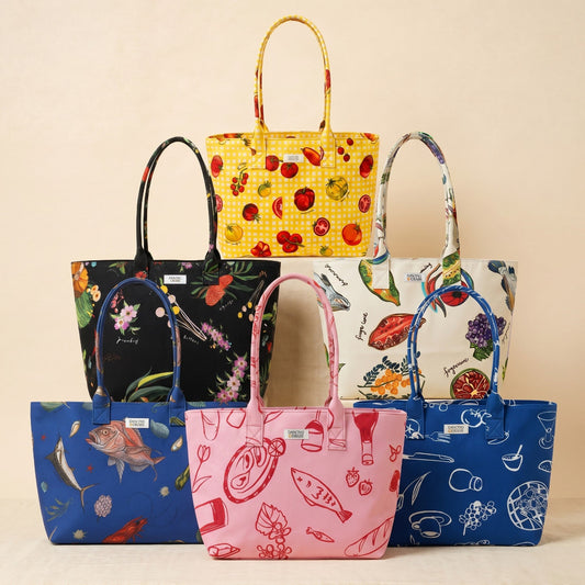 Set of colorful patterned dancing grassbags on a beige background