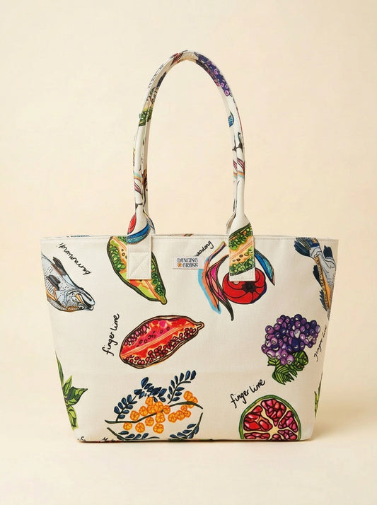 Bright Australian-designed canvas tote bag with native bush food illustrations, structured shape, durable cotton blend, large everyday bag for work, market shopping, beach use, fits 14 inch laptop
