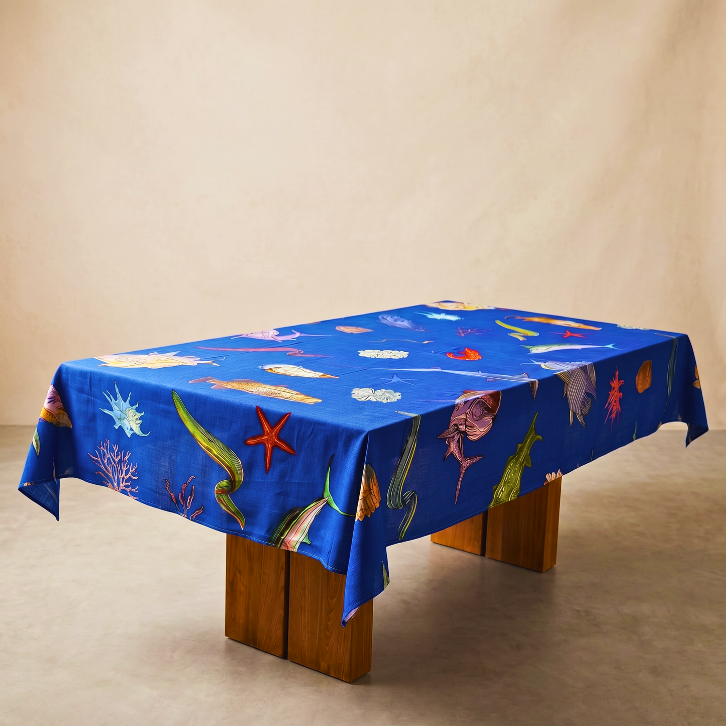 australian fish tablecloth with ocean-themed design on a wooden table against a beige background