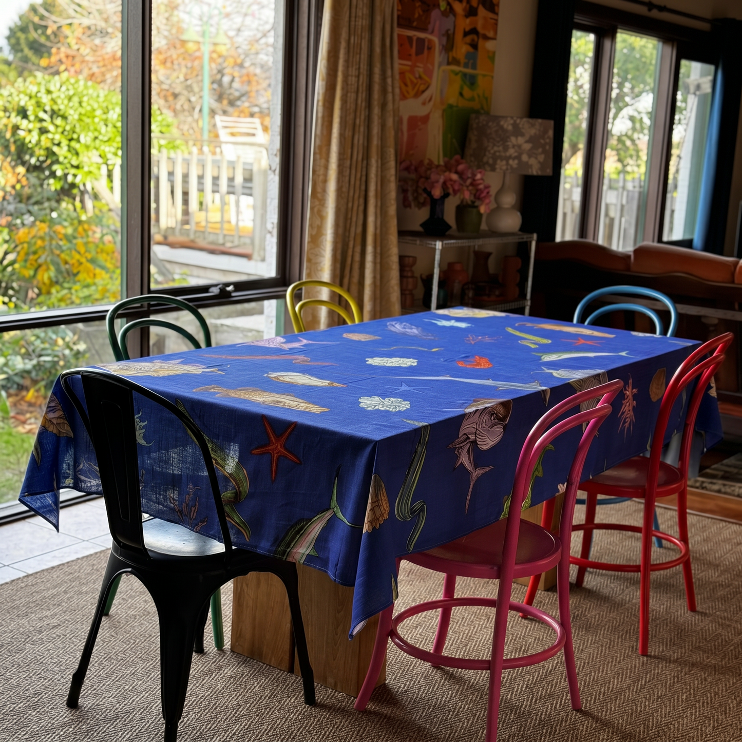 Dining area with australian fish tablecloth featuring underwater-themed designs, surrounded by colorful chairs.