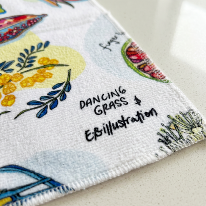 bush foods white tea towel corner close up 