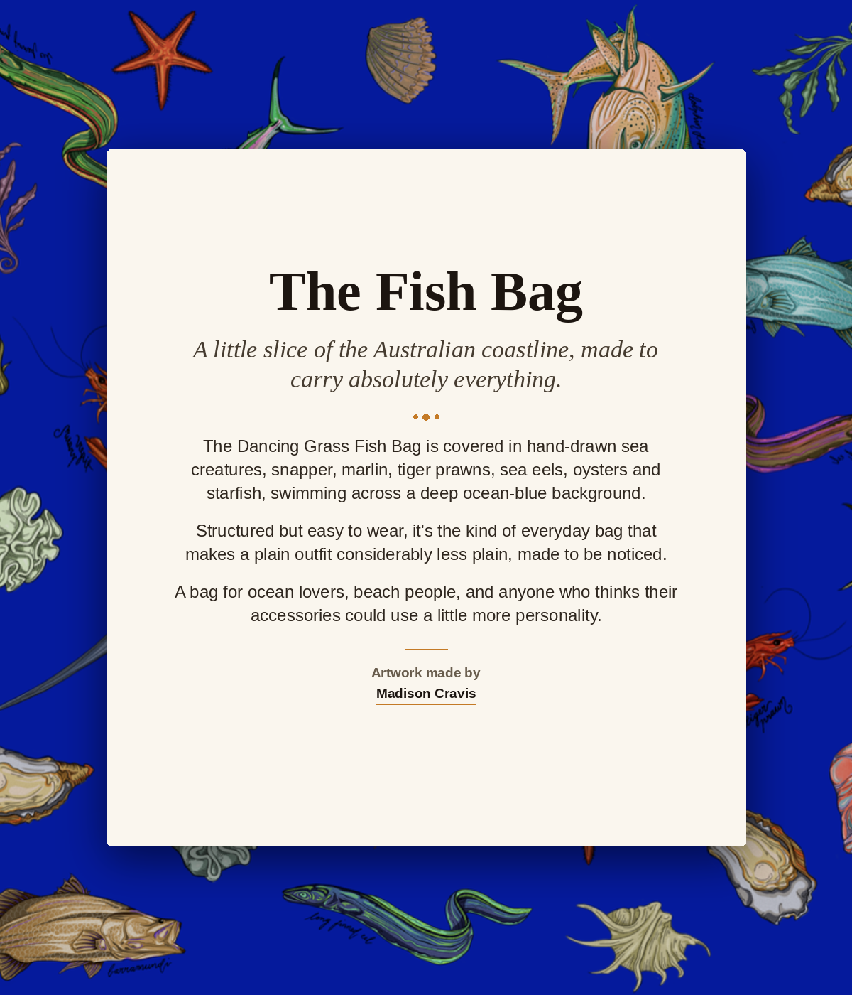 The Fish Bag print story Australian fish and sea creatures on cobalt blue canvas