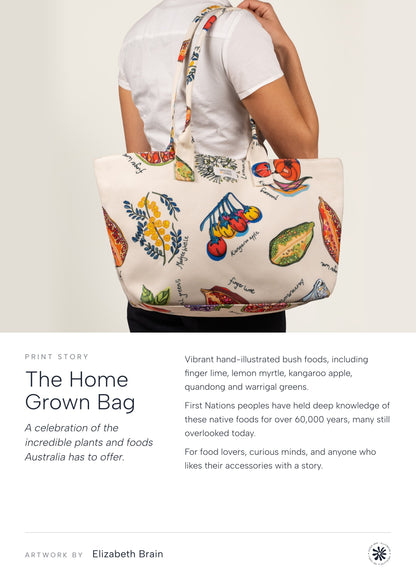 The Home Grown Bag print story: model carrying the cream Home Grown Dancing Grass bag on the shoulder