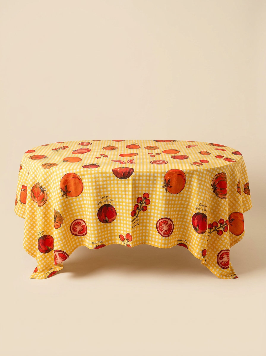 Yellow checkered tablecloth with tomato and yellow background pattern on a beige background