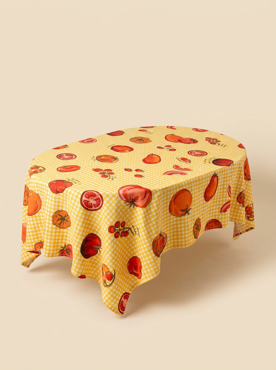 Yellow checkered tablecloth with tomato pattern on a beige background